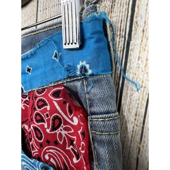 Upcycled Patchwork Denim Shorts Jorts OOAK Levis 502 Youth Sz 14 28W Boho Hippie - Picture 8 of 9